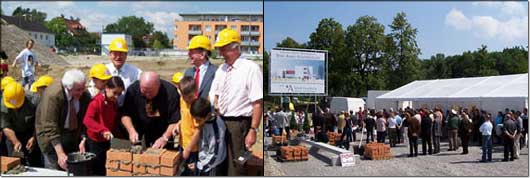 Bild links: Stadtrat Gerhard Malik, OB Dr. Paul Wengert, Stadtrat Dieter Benkard, Heinz Paula MdB und Schulreferent Sieghard Schramm (v. l.) mit Oberhauser Kindern beim Spatenstich.